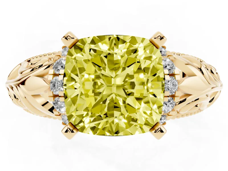 Cushion Cut Filigree Engagement Ring Setting for a Fancy Yellow Lab-Grown Diamond | Yellow Gold