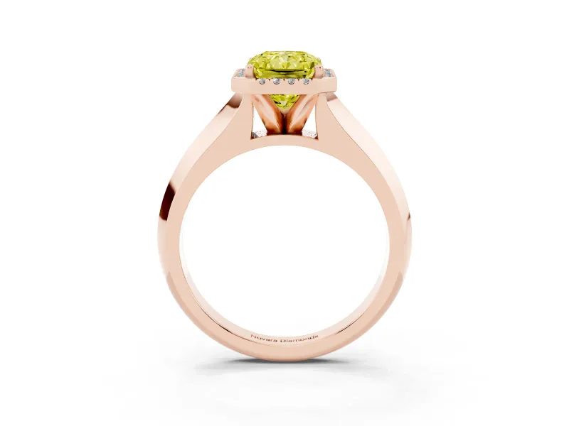 Fancy Yellow Radiant Cut Diamond Halo Ring Set in Rose gold with Cathedral Band and Prong Setting