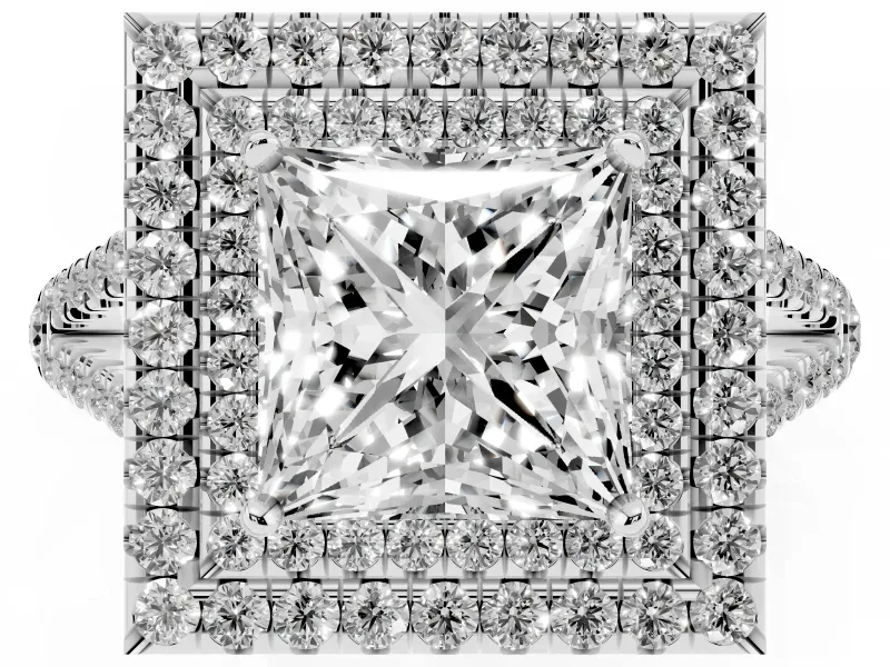 Princess Cut Double Halo Split Shank Engagement Ring Setting | Pavé Shoulders | Sterling Silver