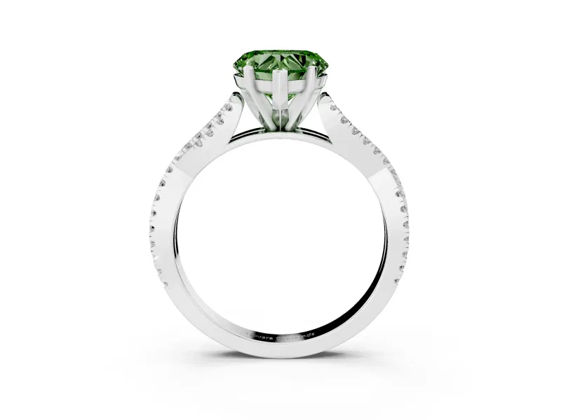 Fancy Green Heart Cut Diamond Solitaire Engagement Ring Set in White gold with Twisted Pavé Band and Prong Setting