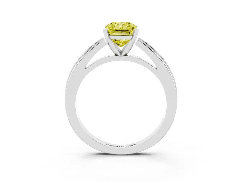 Fancy Yellow Radiant Cut Diamond Solitaire Ring Set in White gold with Prong Setting and Classic Band
