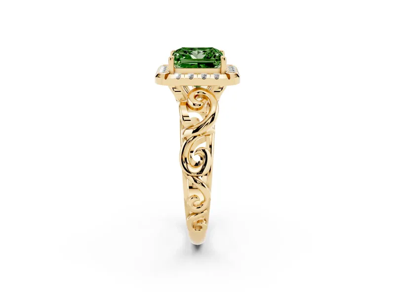Fancy Green Princess Cut Diamond Halo Ring Set in Yellow gold with Scrollwork Band and Prong Setting
