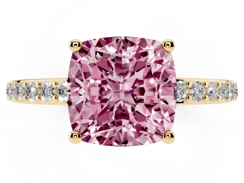 Fancy Pink Cushion Cut Diamond Pavé Band Ring Set in Yellow gold with Prong-Set Center Stone