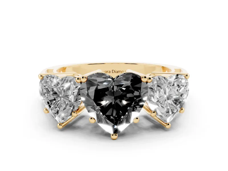 Fancy Black Heart Cut Diamond Three-Stone Ring Set in Yellow gold with Textured Band