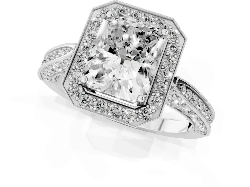 Radiant Cut Vintage Milgrain Halo Engagement Ring Setting | Side Stones and Pave | Platinum