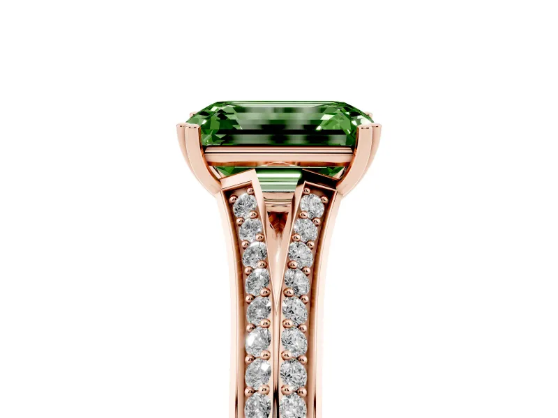 Emerald Cut Split Shank Engagement Ring Setting for a Fancy Green Lab-Grown Diamond | Pave Band | Rose Gold