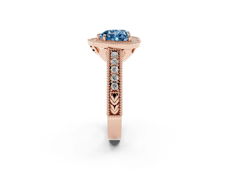 Fancy Blue Heart Cut Diamond Halo Ring Set in Rose gold with Round Accent Halo, Pavé Band and Prong Setting