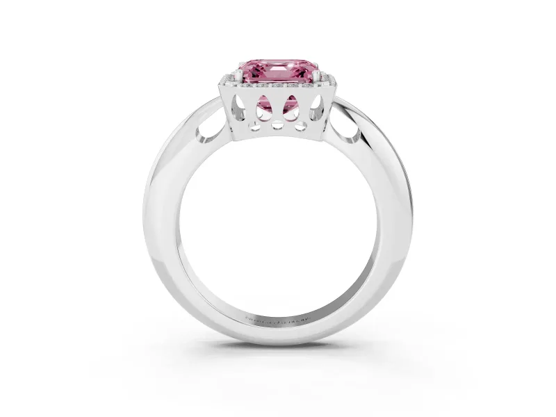 Fancy Pink Asscher Cut Diamond Halo Engagement Ring Set in Platinum with Plain Split Shank and Prong Setting