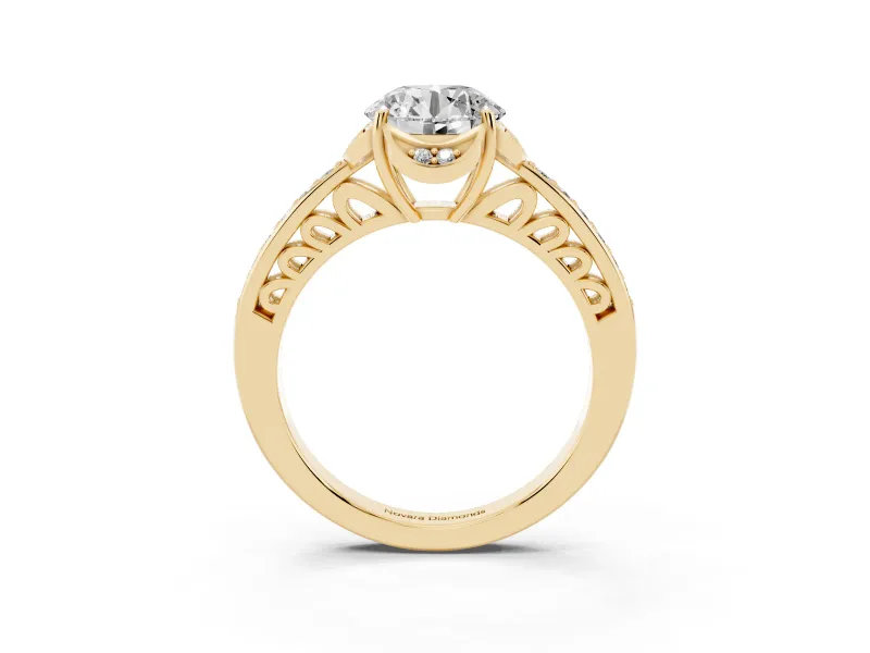 Round Floral Pavé Engagement Ring Setting | Petal Accents | Yellow Gold