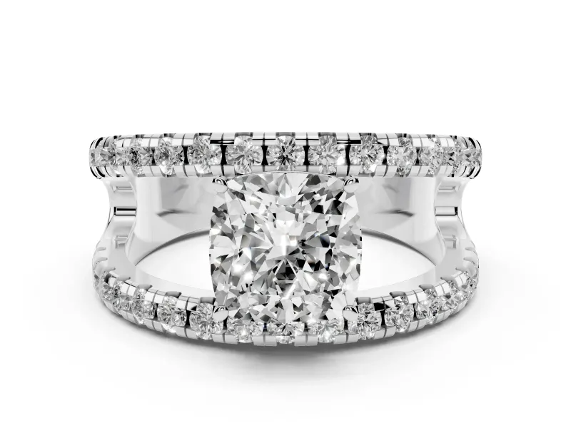 Cushion Cut Diamond Split Shank Pavé Solitaire Ring Set in White gold with Open Shank Design