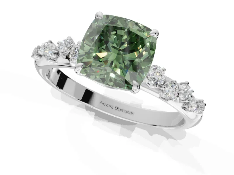 Cushion Cut Graduated Solitaire Engagement Ring Setting for a Fancy Green Lab-Grown Diamond | White Gold