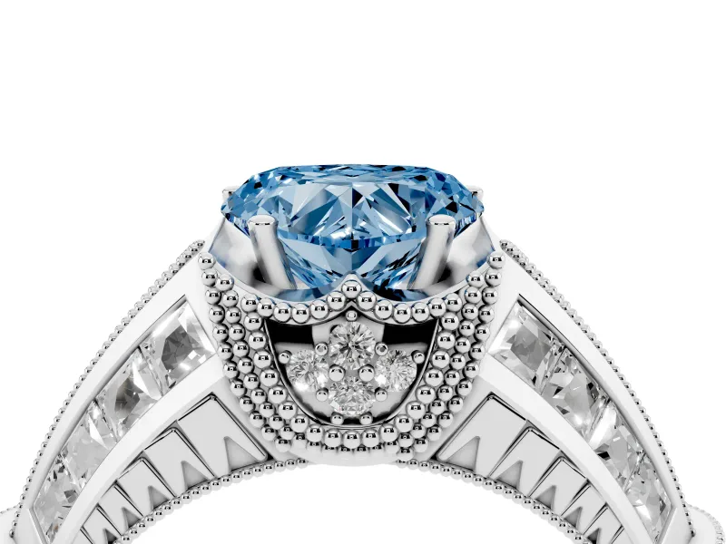 Fancy Blue Heart Cut Diamond Vintage-Inspired Milgrain Ring Set in Silver with Accent Split Shank
