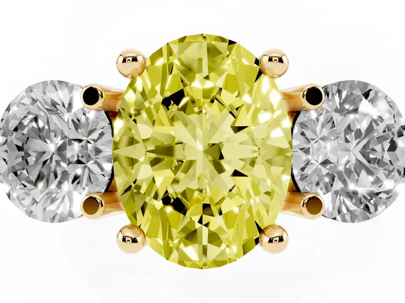 Fancy Yellow Oval Cut Diamond Three-Stone Ring Set in Yellow gold with Prong Setting and Classic Band