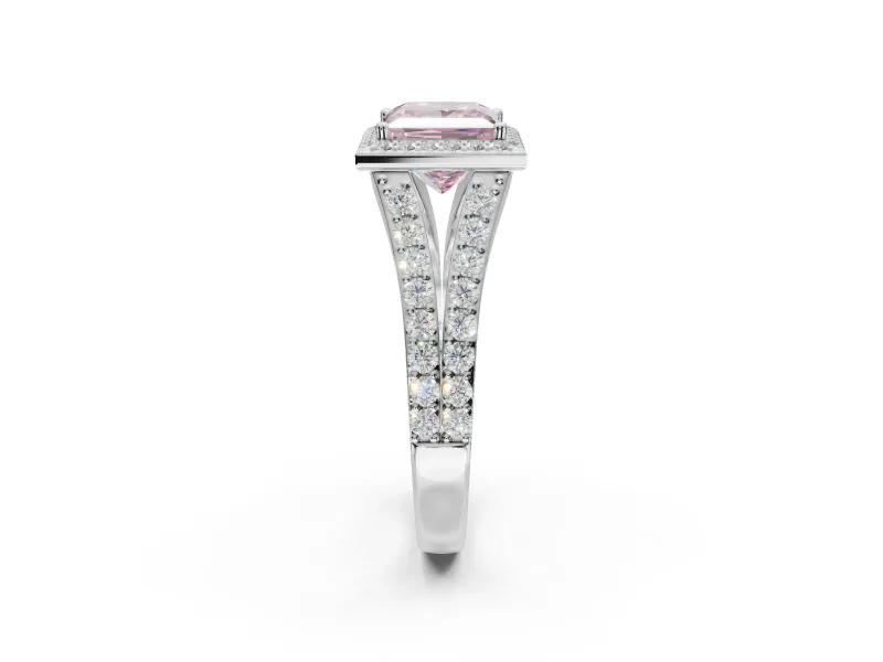 Princess Cut Halo Pavé Engagement Ring Setting for a Fancy Pink Lab-Grown Diamond | Narrow Split Shank | White Gold
