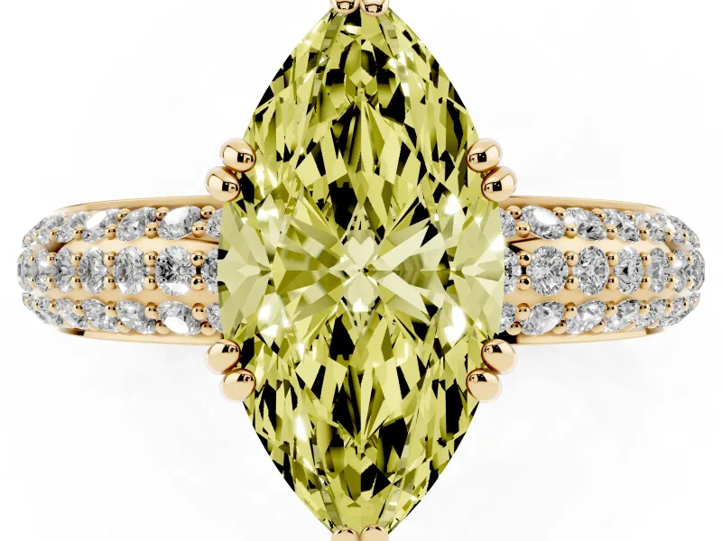 Marquise Three Row Pave Engagement Ring Setting for a Fancy Yellow Lab-Grown Diamond | Yellow Gold