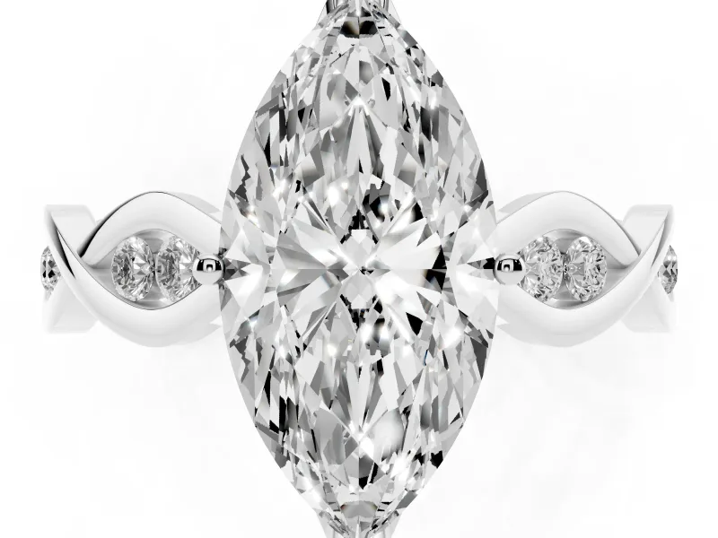Marquise Cut Diamond Twist Band Solitaire Ring Set in Silver with Leaf Prong Setting and Accent Stones