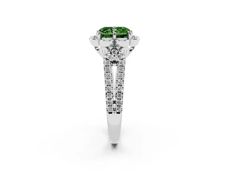 Radiant Cut Floral Halo Engagement Ring Setting for a Fancy Green Lab-Grown Diamond | Pavé Split Shank | Platinum
