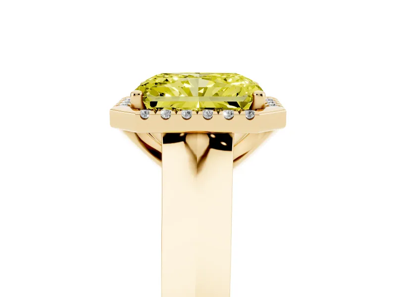 Fancy Yellow Radiant Cut Diamond Halo Ring Set in Yellow gold with Cathedral Band and Prong Setting