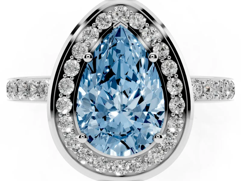 Fancy Blue Pear Cut Diamond Halo Ring Set in Platinum with Bezel Frame and Pavé Band
