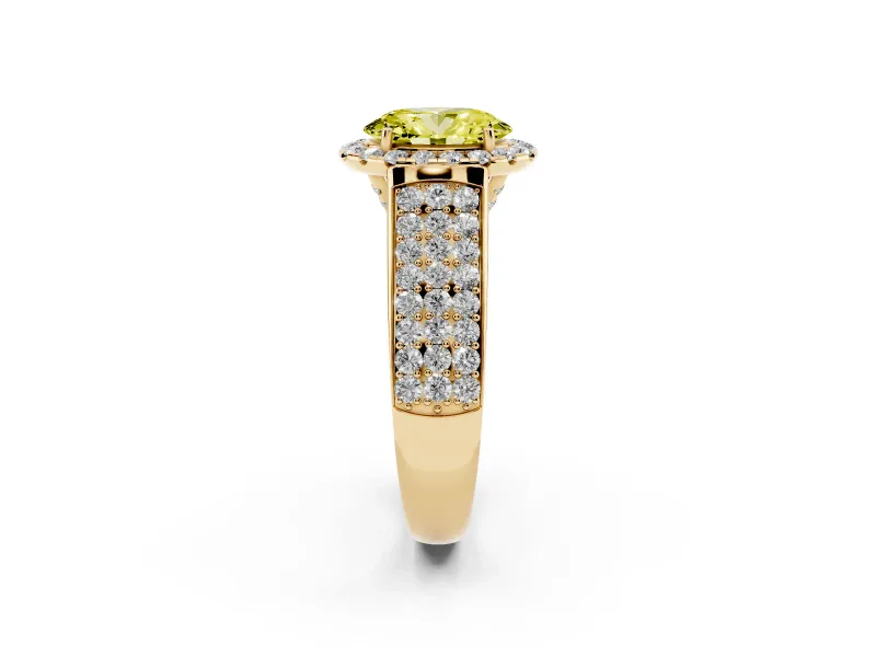 Fancy Yellow Oval Cut Diamond Halo Ring Set in Yellow gold with Pavé Band and Raised Center Setting