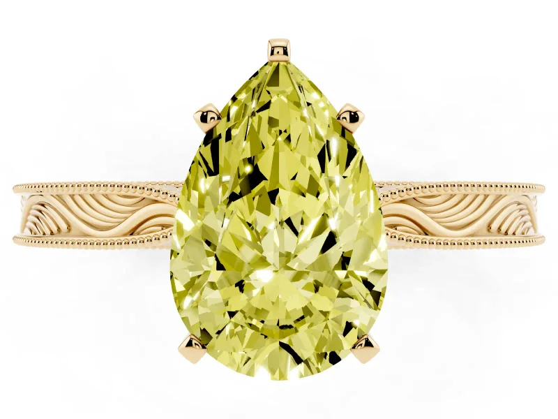 Pear-Shaped Engraved Engagement Ring Setting for a Fancy Yellow Lab-Grown Diamond | Yellow Gold