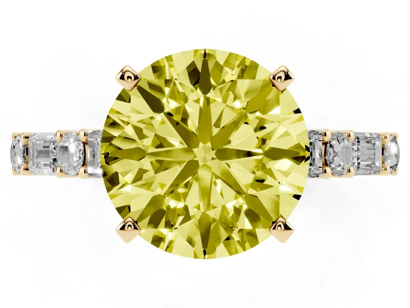 Fancy Yellow Round Cut Diamond Solitaire Set in Yellow gold with Side Baguettes and Channel Set Band