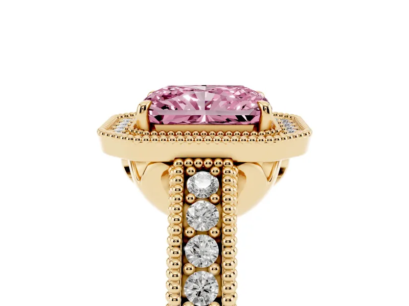 Fancy Pink Radiant Cut Diamond Halo Ring Set in Yellow gold with Round Accent Halo, Pavé Band and Prong Setting