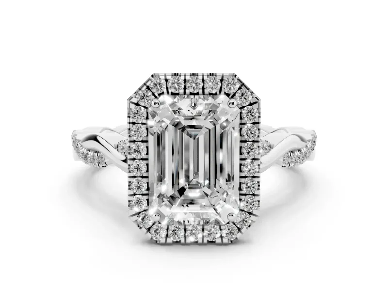 Emerald Cut Diamond Halo Twist Band Solitaire Ring Set in Platinum with Prong Setting