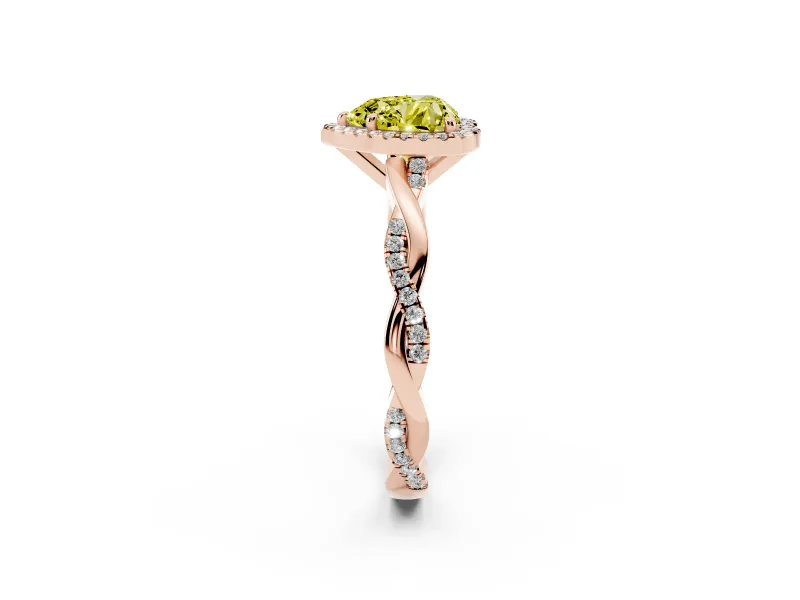 Fancy Yellow Heart Cut Diamond Halo Twisted Band Ring Set in Rose gold with Prong Setting