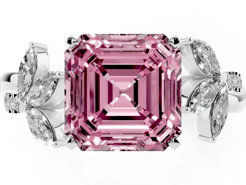 Fancy Pink Asscher Cut Diamond Floral Vine Solitaire Engagement Ring Set in White gold with Marquise Leaves