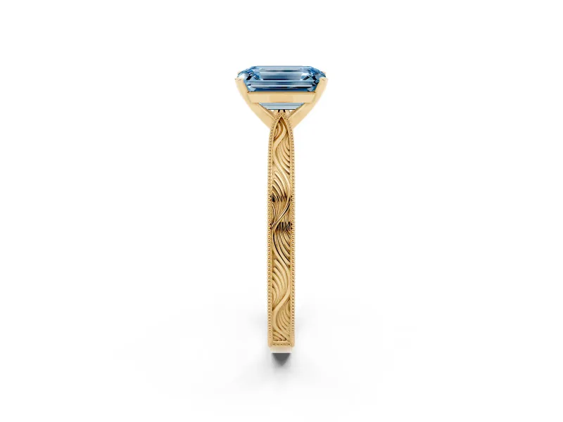 Emerald Cut Engraved Engagement Ring Setting for a Fancy Blue Lab-Grown Diamond | Yellow Gold