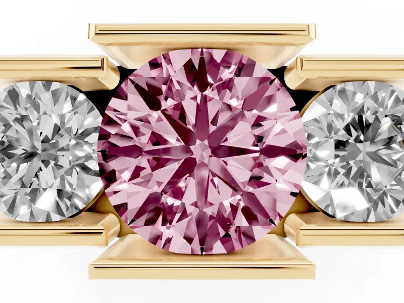 Fancy Pink Round Cut Diamond Three-Stone Channel Set Ring Set in Yellow gold with Smooth Polished Band