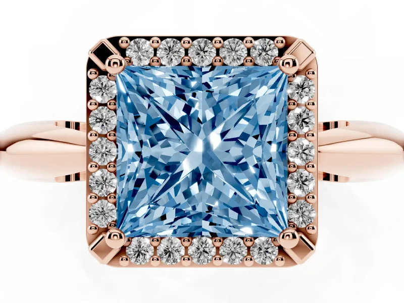 Princess Cut Halo Engagement Ring Setting for a Fancy Blue Lab-Grown Diamond | Plain Tapered Band | Rose Gold