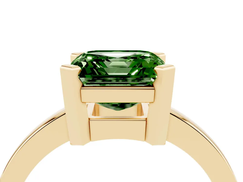Fancy Green Asscher Cut Diamond Solitaire Ring Set in Yellow gold with Prong Head and Smooth Polished Band