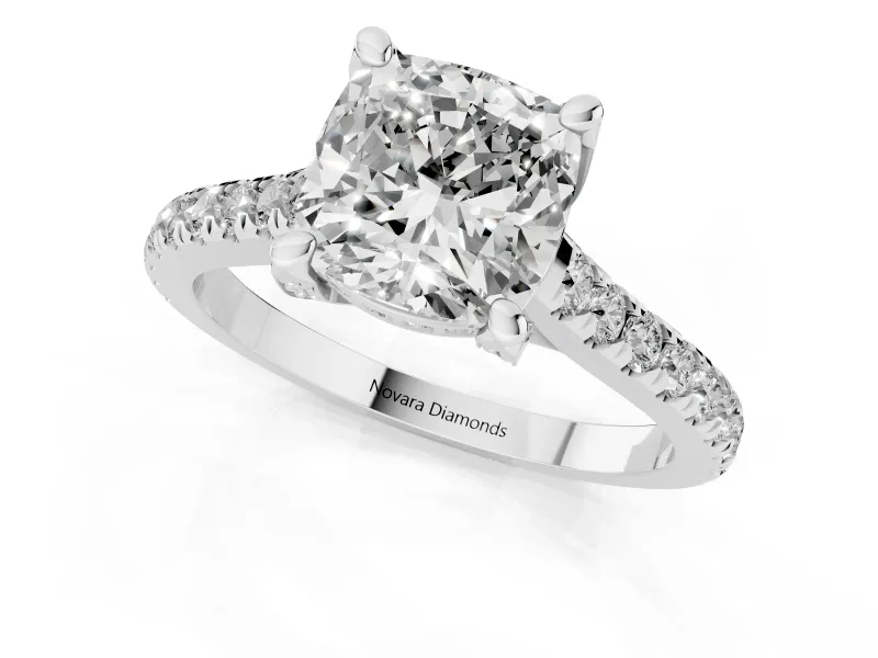 Cushion Cut Hidden Halo Pave Engagement Ring Setting | Claw Prongs | Sterling Silver