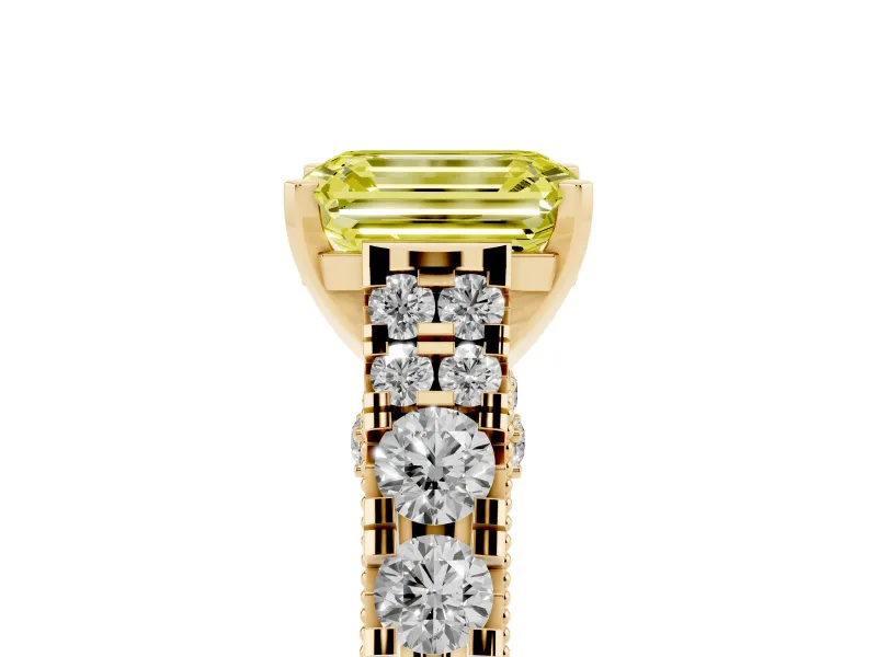 Emerald Cut Graduated Cathedral Engagement Ring Setting for a Fancy Yellow Lab-Grown Diamond | Side Stones | Yellow Gold