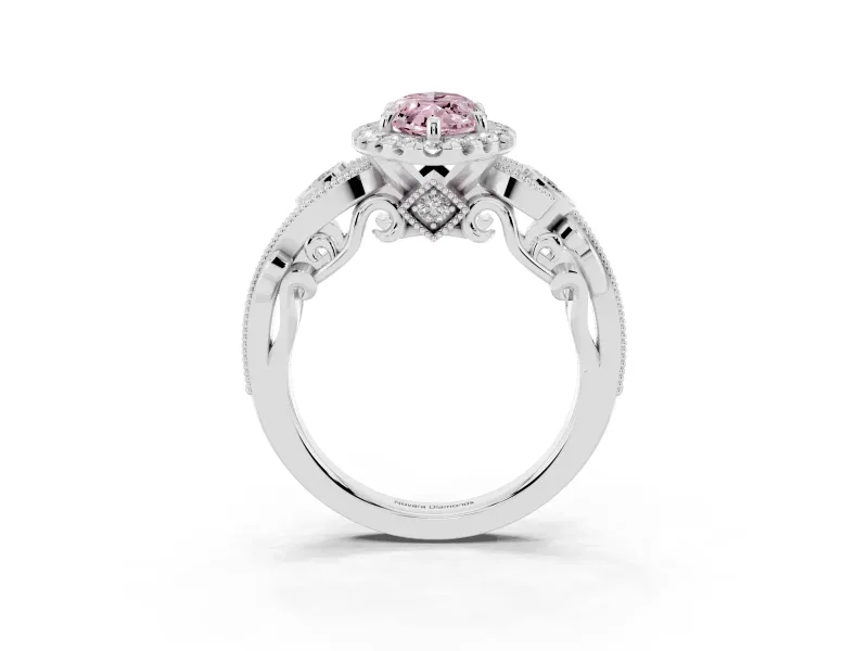 Fancy Pink Marquise Cut Diamond Halo Ring Set in Silver with Milgrain Pavé Band and Prong Setting