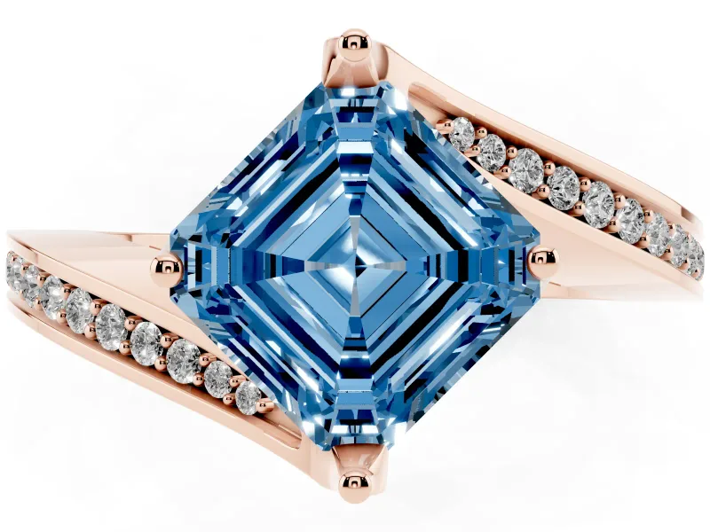 Fancy Blue Asscher Cut Diamond Solitaire Ring Set in Rose gold with Intertwined Pavé Twist Band