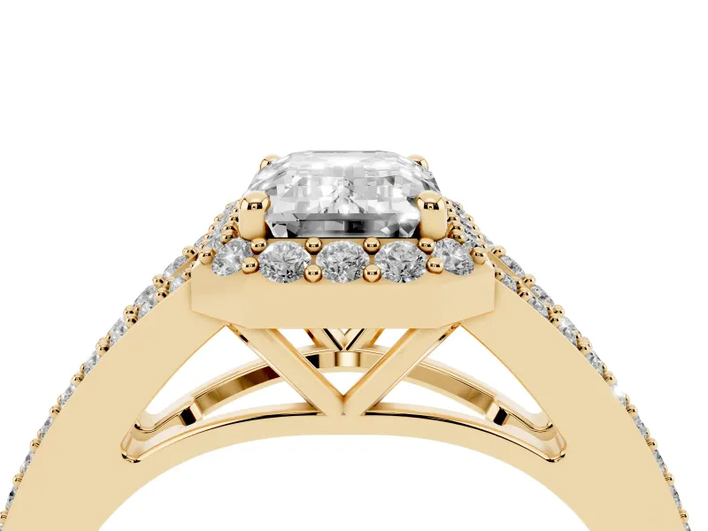 Emerald Cut Halo Engagement Ring Setting | V-Split Pavé Band | Yellow Gold