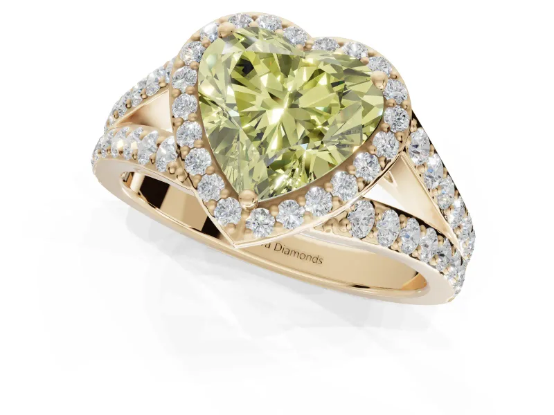 Heart-Shaped Halo Pavé Engagement Ring Setting for a Fancy Yellow Lab-Grown Diamond | Narrow Split Shank | Yellow Gold