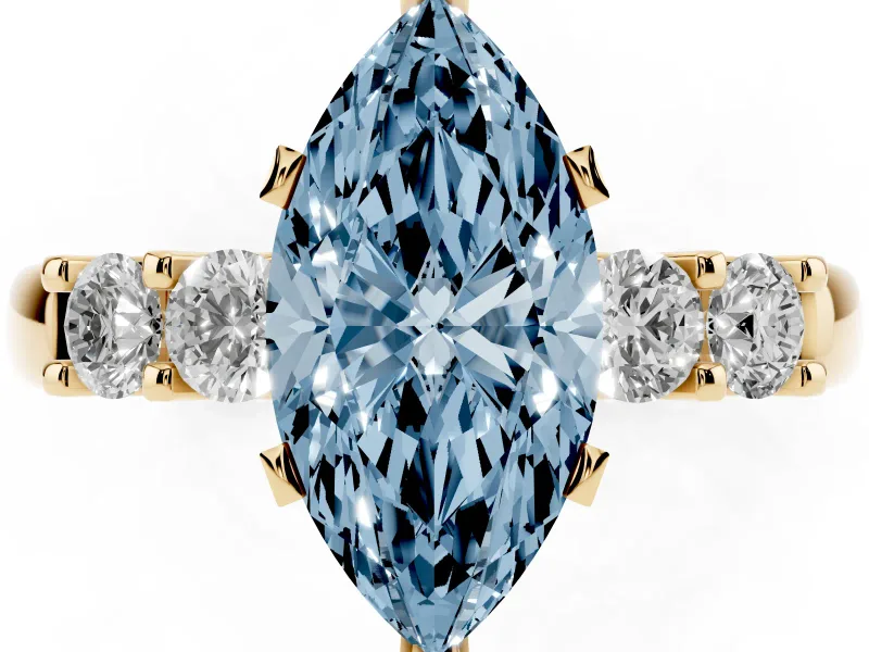 Fancy Blue Marquise Cut Diamond Five-Stone Prong Set Engagement Ring Set in Yellow gold with Channel Band