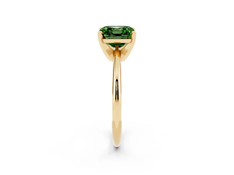 Fancy Green Asscher Cut Diamond Solitaire Ring Set in Yellow gold with Prong Setting on a Plain Round Band