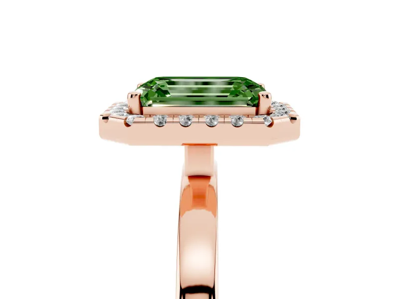Emerald Cut Thin Halo Engagement Ring Setting for a Fancy Green Lab-Grown Diamond | Plain Polished Band | Rose Gold