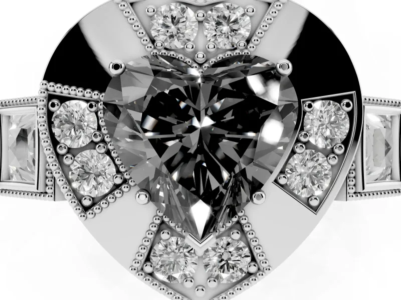Heart-Shaped Milgrain Sectioned Halo Engagement Ring Setting for a Black Center | White Gold