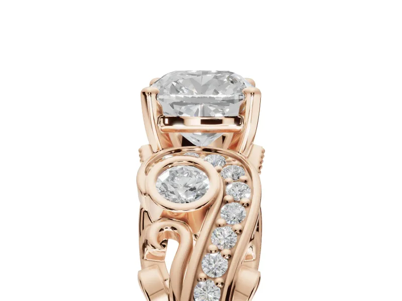 Cushion Cut Vintage Swirl Engagement Ring Setting | Bezel Side Accents | Rose Gold