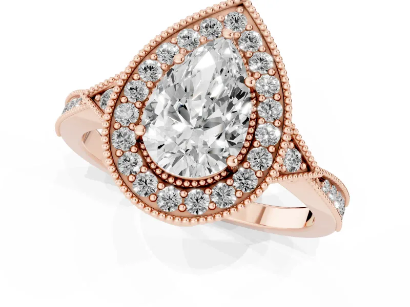 Pear-Shaped Vintage Milgrain Halo Engagement Ring Setting | Graduated Pavé Band | Rose Gold