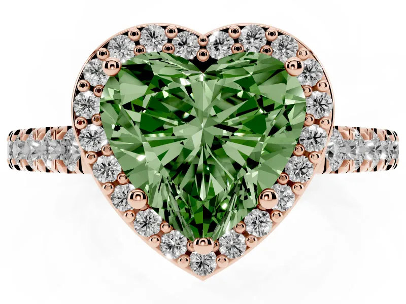 Fancy Green Heart Cut Diamond Halo Engagement Ring Set in Rose gold with Pavé Band and Prong Setting