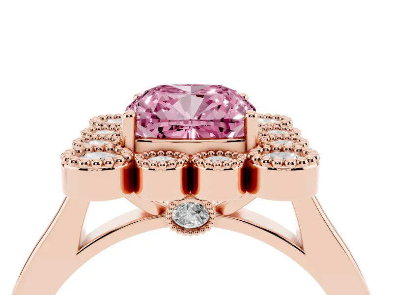 Cushion Cut Milgrain Cluster Halo Engagement Ring Setting for a Fancy Pink Lab-Grown Diamond | Plain Band | Rose Gold