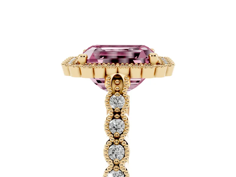 Radiant Cut Milgrain Halo Engagement Ring Setting for a Fancy Pink Lab-Grown Diamond | Beaded Shoulders | Yellow Gold