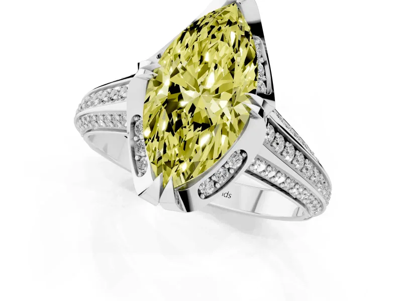 Fancy Yellow Marquise Cut Diamond Pavé Split Shank Solitaire Ring Set in Silver with Prong Setting